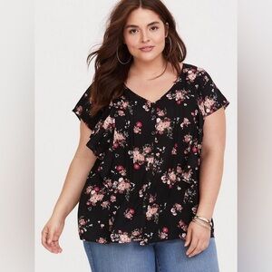torrid Textured Woven Flutter Sleeve Blouse Black Floral Plus Curvy Size 0X / L